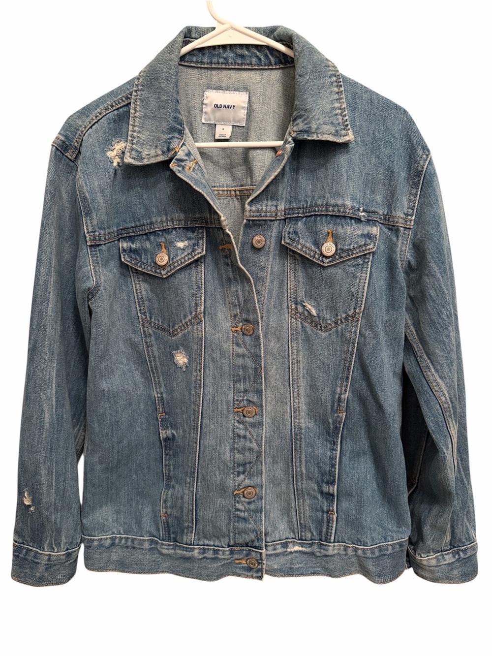 Old Navy Blue Distressed Oversized Denim Jacket. Size Medium